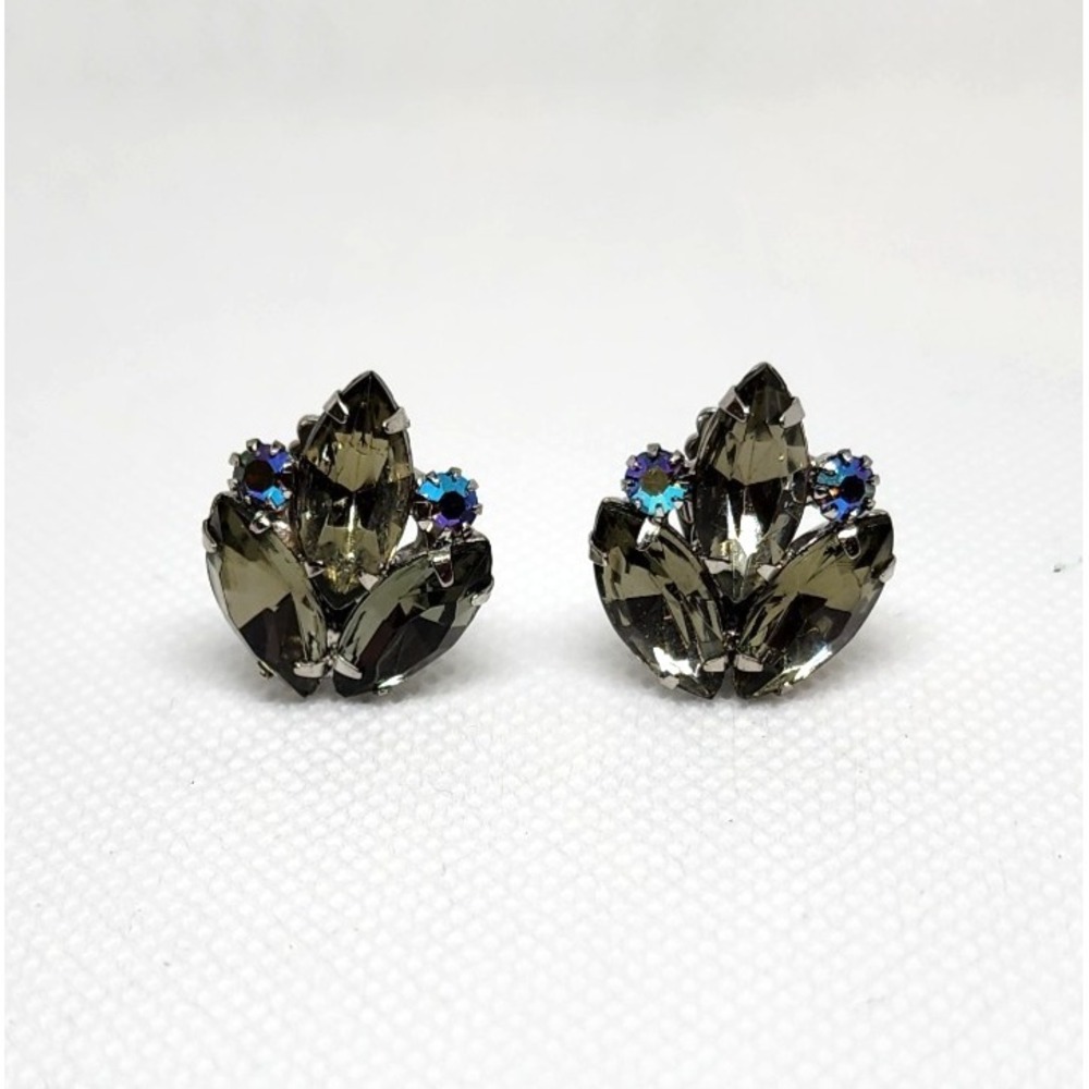 Vtg Juliana Delizza & Elster Grey Smokey and Blue Rhinestones Clip on Earrings